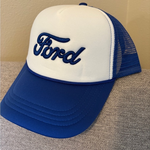FORD Blue and White Snapback Trucker Hat, Embroidered Padded Front Panel - Picture 4 of 5